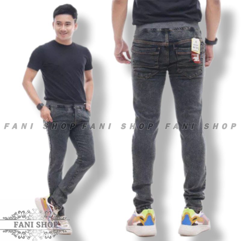 Celana Jeans Pria Standar Pinggang Karet Hitam