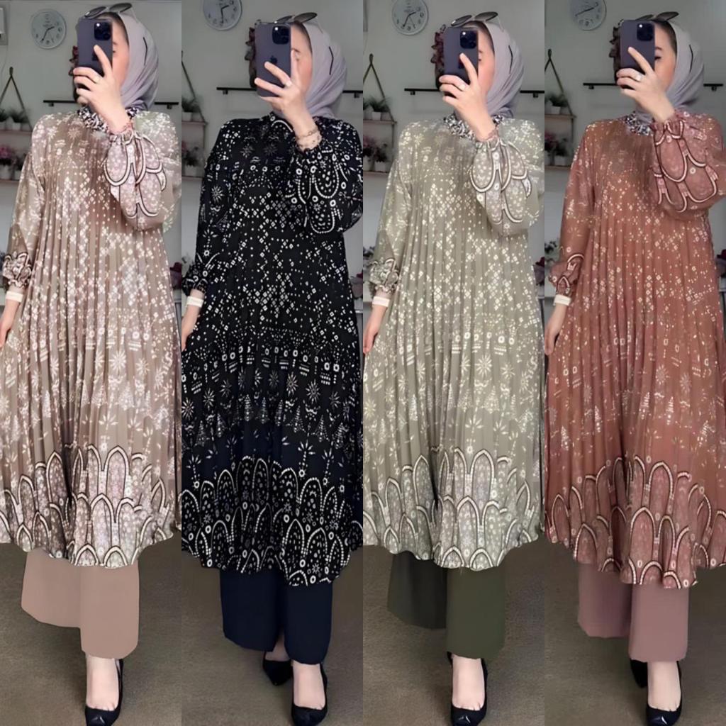 NAILA SET TUNIK PLISKET - SETELAN LONG TUNIK PLISKET MOTIF BUNGA NEW CELANA CRINKLE PREMIUM - ONE SE
