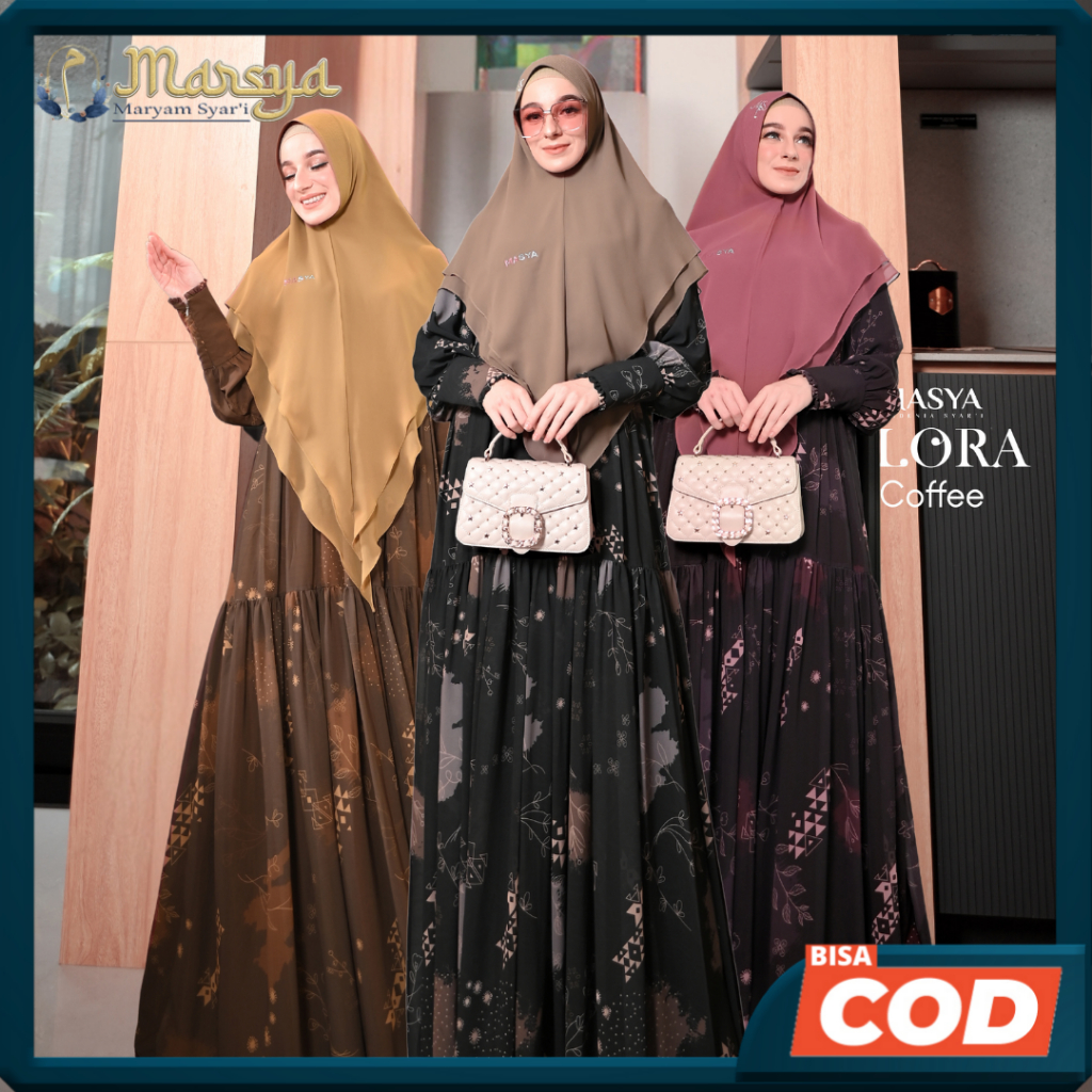Set Gamis Dress Ceruty Babydoll Printing Premium Syari Pink Fanta - Coklat Tua - Mocca - Burgundy - 
