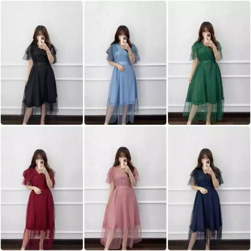 ISTANABAJU89 - 3 UKURAN M L XL REFIELLA RUFFLE DRESS TILE DOT SATIN VELVET/GAUN WANITA BIG SIZE DRES