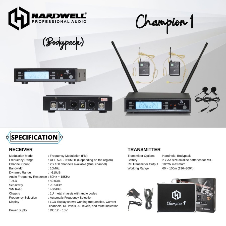Mic Wireless Hardwell CHAMPION 1 Clip On Jepit dada Headset Bando UHF + KOPER Anti Feedback ORIGINAL
