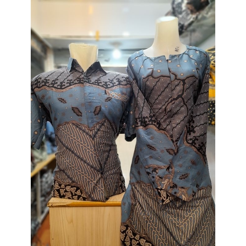 Baju Batik Couple Batik Tunik Couple Moderen Set Pakaian Couple Kemeja batik Biru Demin