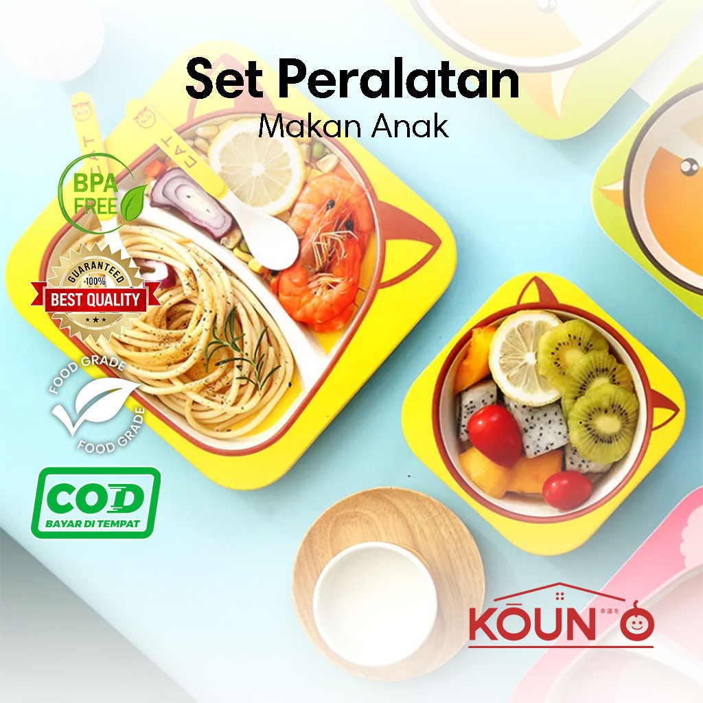Set Peralatan Makan Anak Piring Mangkok Gelas Sendok dan Garpu 5 in 1 BPA FREE Karakter Lucu Bamboo 