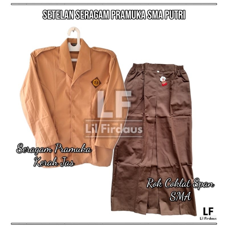Setelan Seragam Pramuka SMA - Baju Pramuka Kerah Jas dan Rok Coklat Span Panjang
