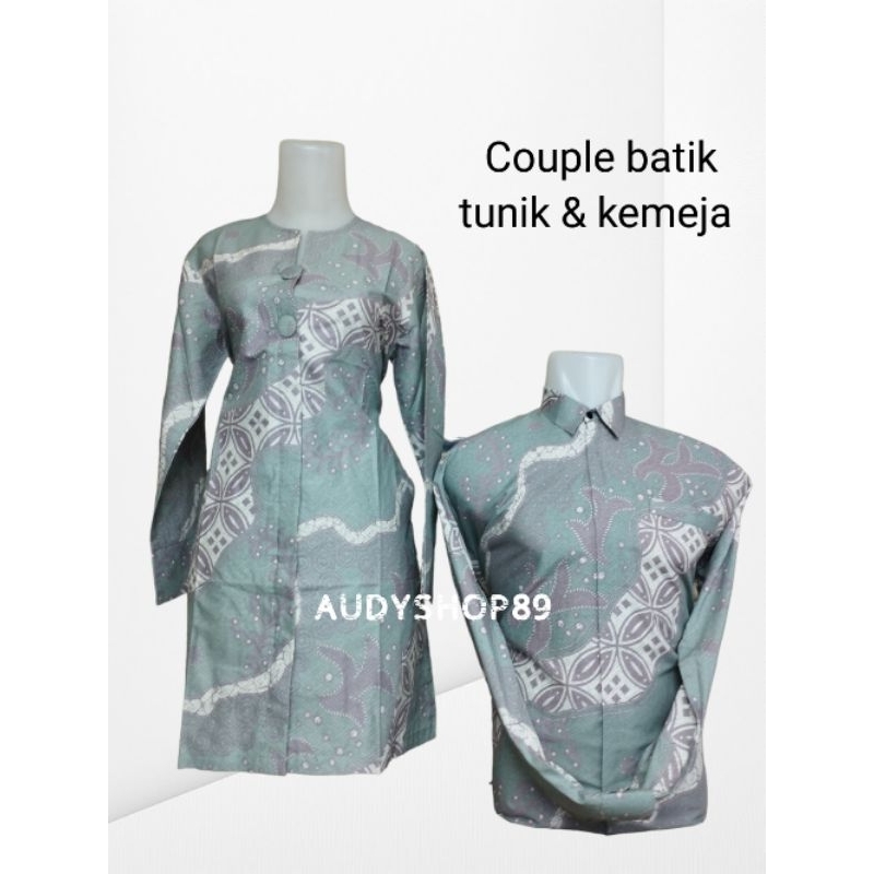 Couple batik hijau wardah tunik dan kemeja bahan katun premium