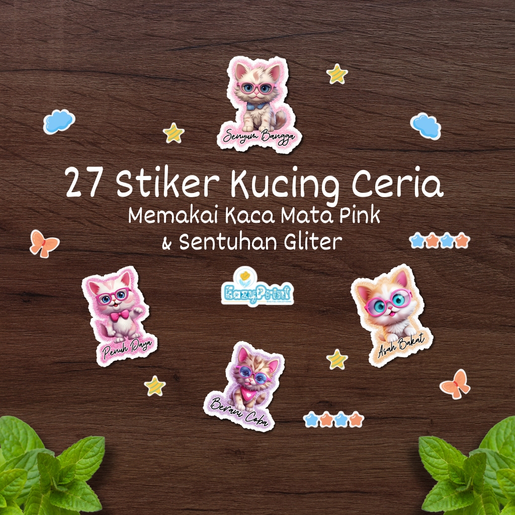 

27 Stiker Kucing Ceria dengan Kaca Mata Pink & Sentuhan Gliter