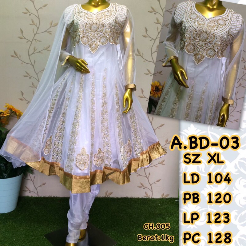 Set Baju India Putih Bordir Benang Emas, Dress dan Celana Panjang Elegan