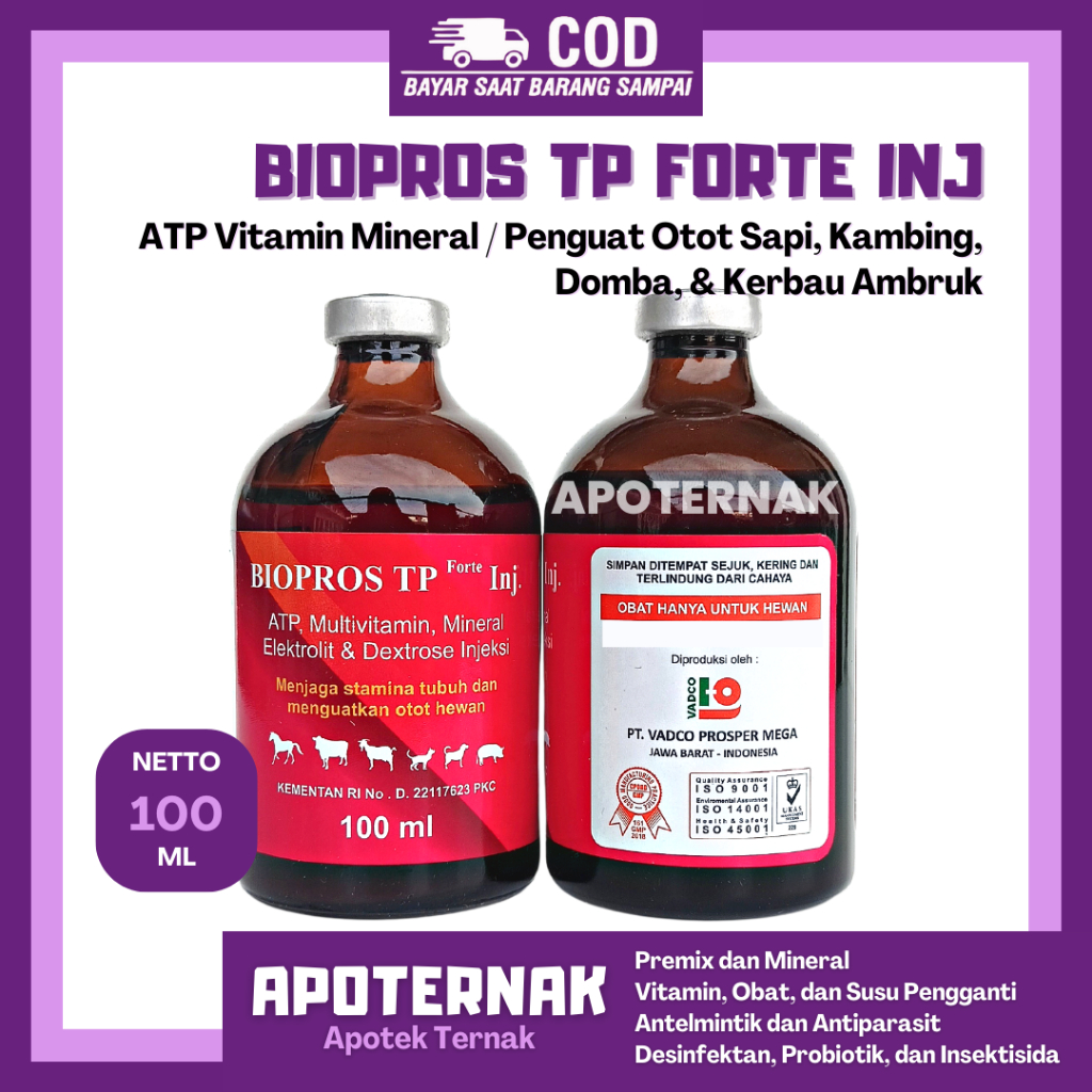 BIOPROS TP FORTE 100ml - ATP Vitamin Mineral Penguat Otot Hewan Sapi Kambing Domba Kerbau Ambruk Car