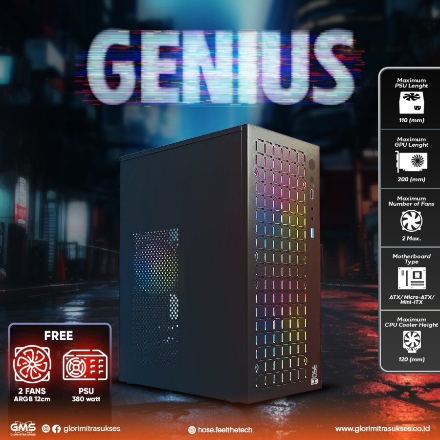 HOSE GENIUS CASING PC GAMING + 2 FAN ARGB + PSU