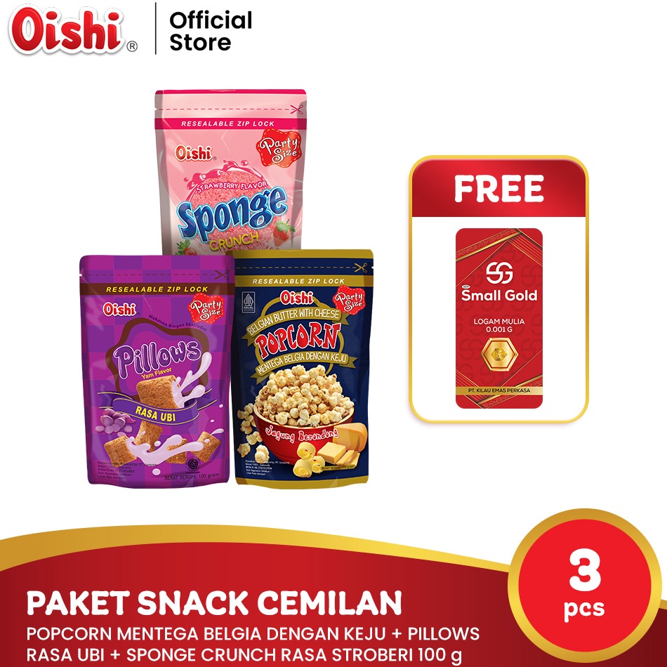 

[KODE PRODUK MYVHZ3996] Oishi Paket Snack Cemilan [100 gr x 3 pcs] FREE Mini Gold - Makanan Ringan Popcorn Mentega Belgia Keju + Pillows Ubi + Sponge Stroberi