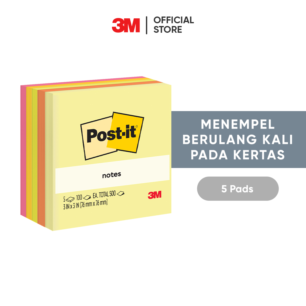 

3M™ Post-it® Original Color Notes, Menempel berulah kali pada kertas, 1 pak/5 pad, 76x76 mm, Canary Yellow, Vital Orange, Acid Lime, Sunnyside, Power Pink, Untuk permukaan kertas