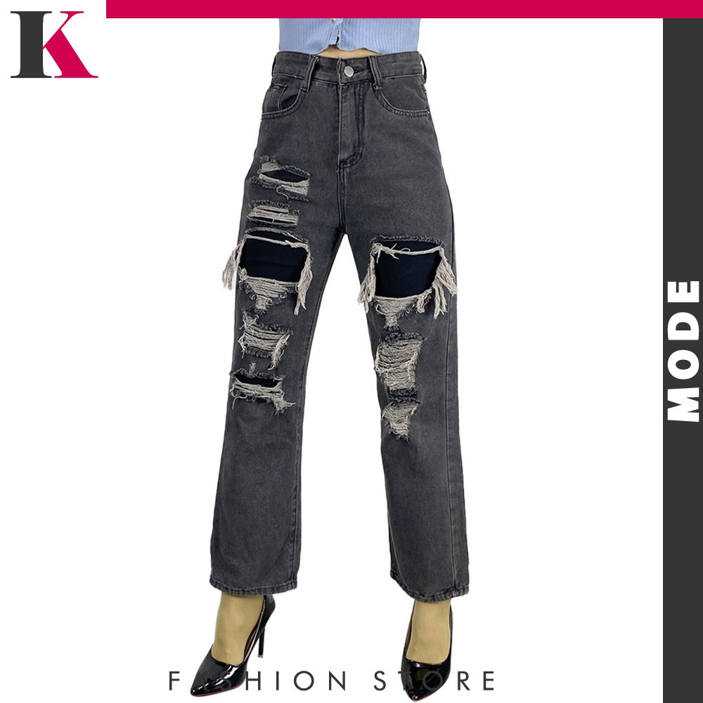 Celana Kulot Panjang Wanita Model Ripped Jeans Highwaist / Celana Denim Women Kekinian Kmode P614