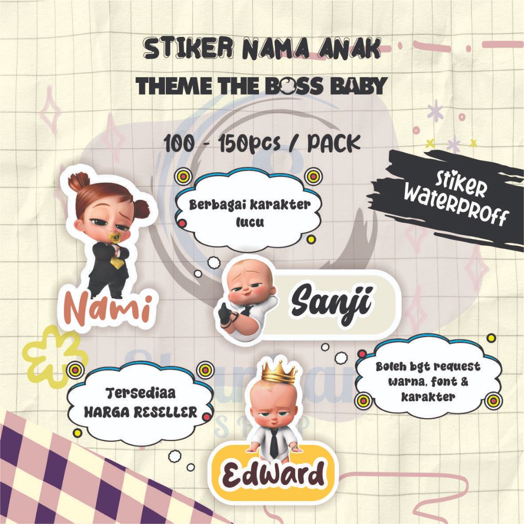 

( 100-150pcs) Stiker Nama TEMA THE BOSS BABY / Stiker Tumbler / Stiker Barang / Stiker Efek Hologram