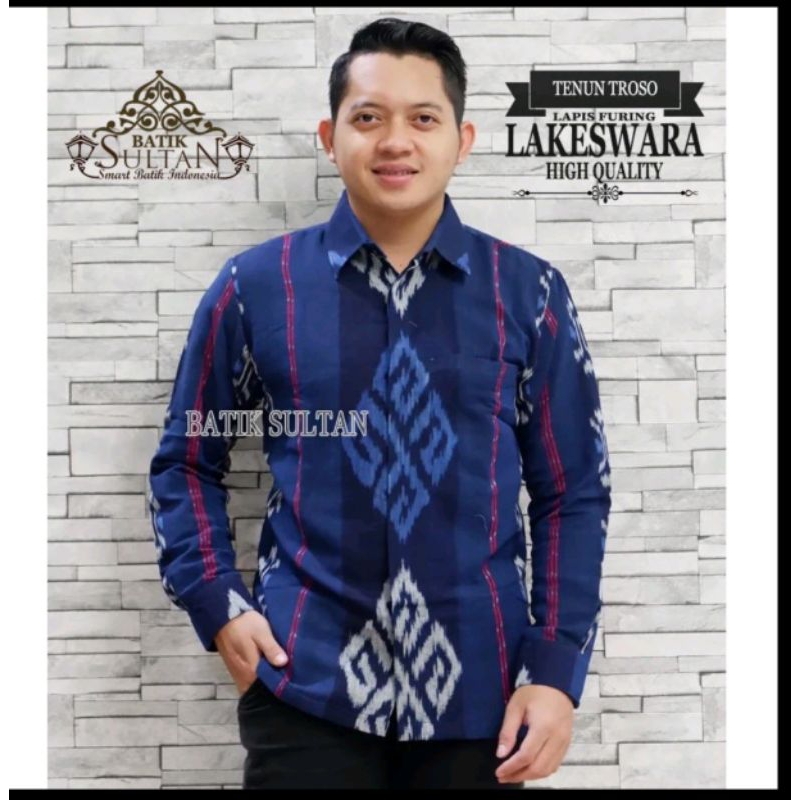 Kemeja Tenun Navy Pria Full Furing Bahan Tenun Troso Asli Jepara