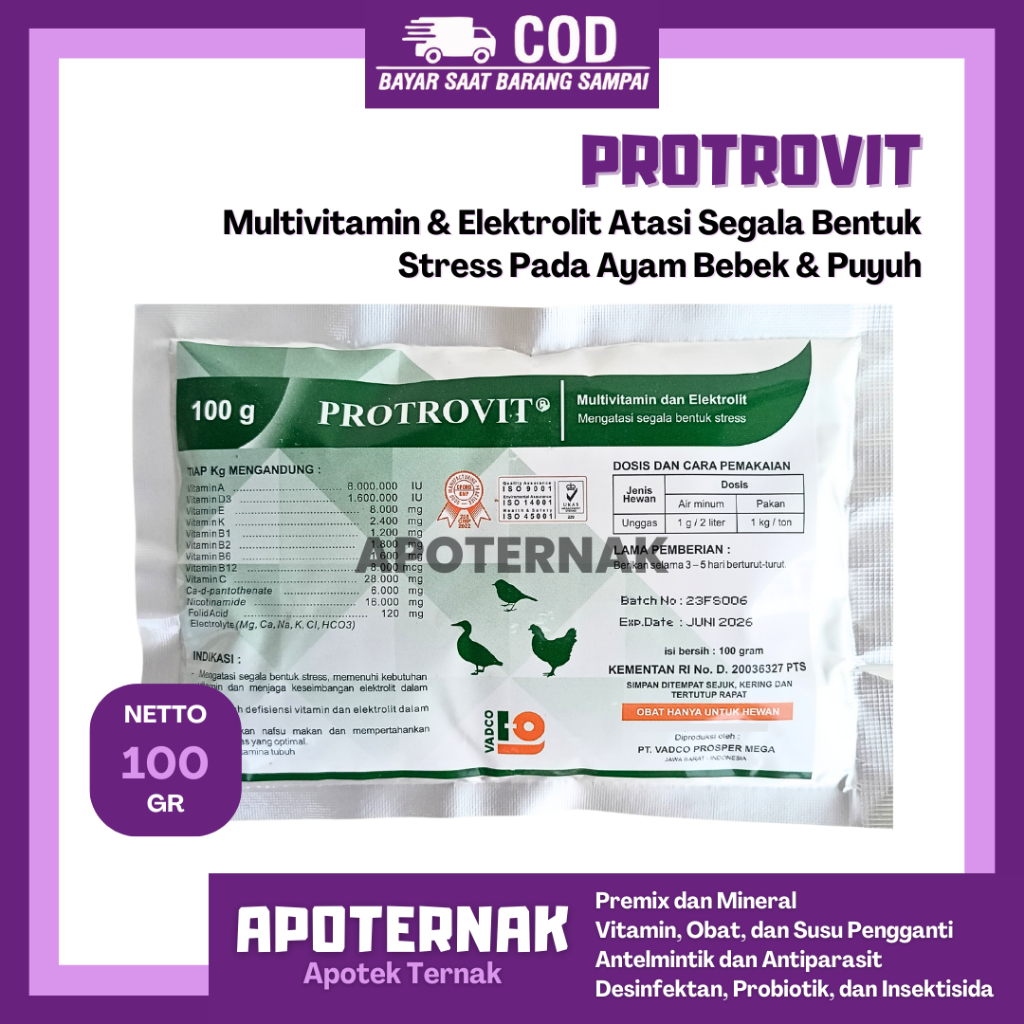 PROTROVIT 100 gram - Multivitamin & Elektrolit Anti Stress Ayam Bebek Puyuh - Obat Stres Ayam