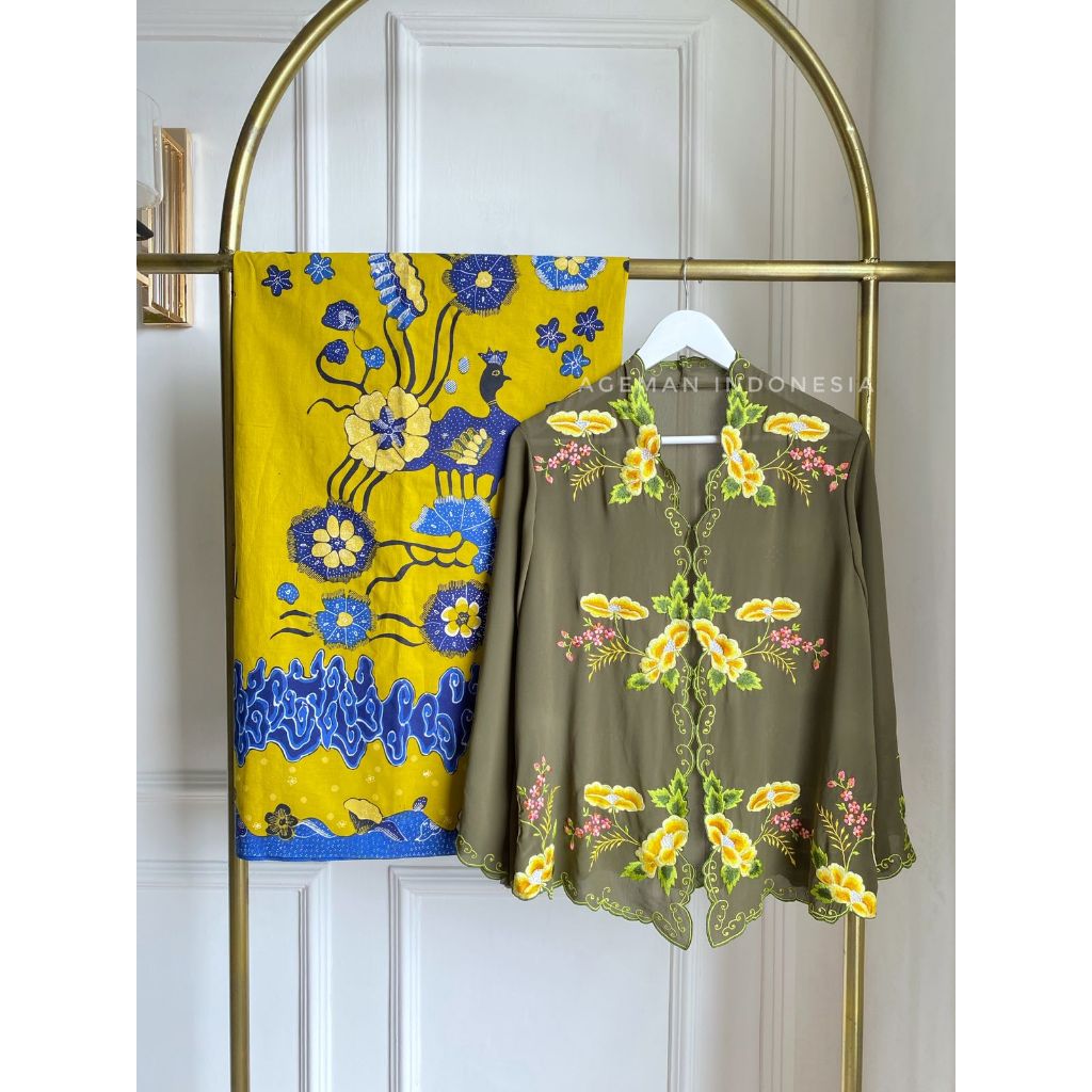 Kebaya Encim Hijau Olive Kembang Kuning
