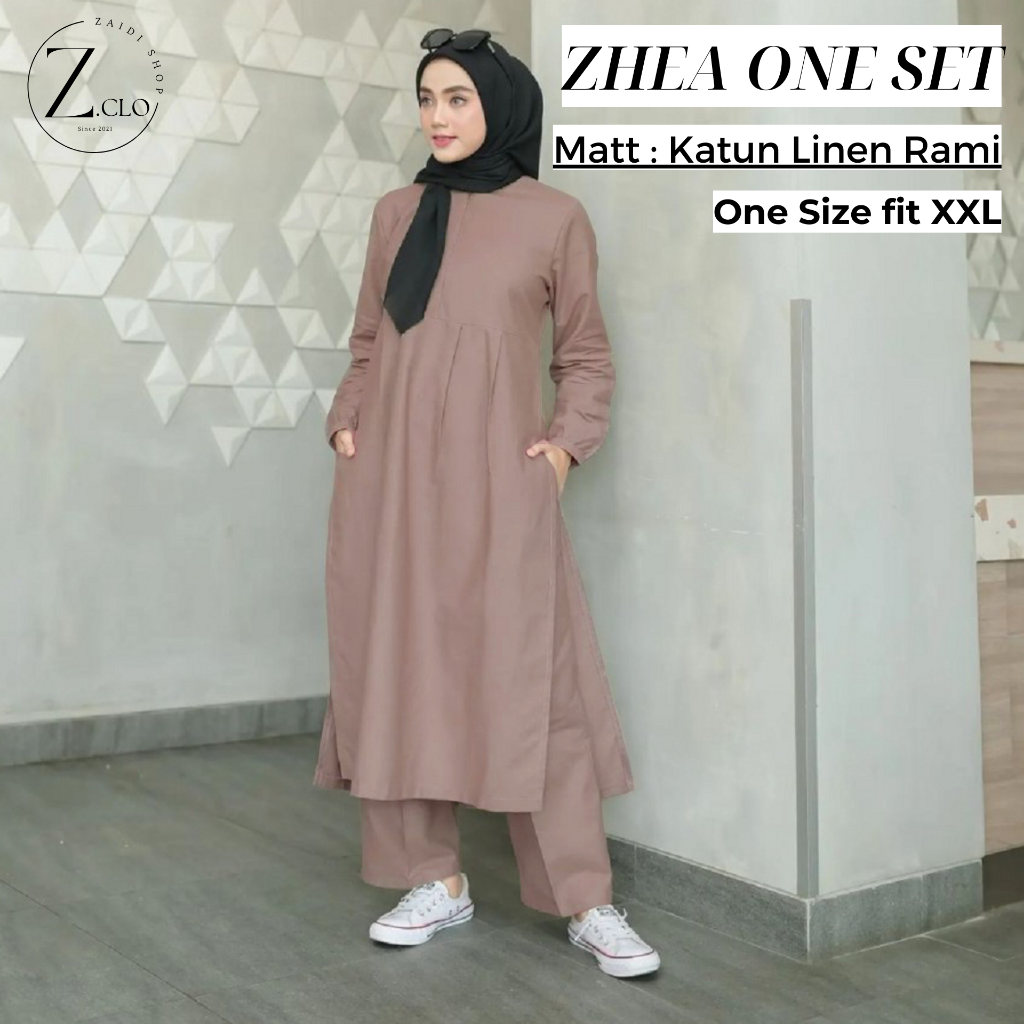 Zhea One Set Wanita Tunik + Kulot Polos Jumbo XXL LD 120 Katun Linen Rami