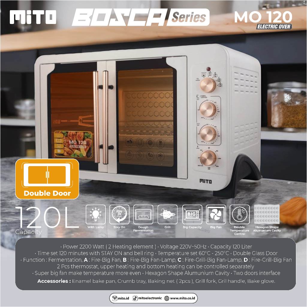 MITO Oven Listrik Bosca Series MO120 double door 120L | Pemanggang makanan kapasitas besar -  White