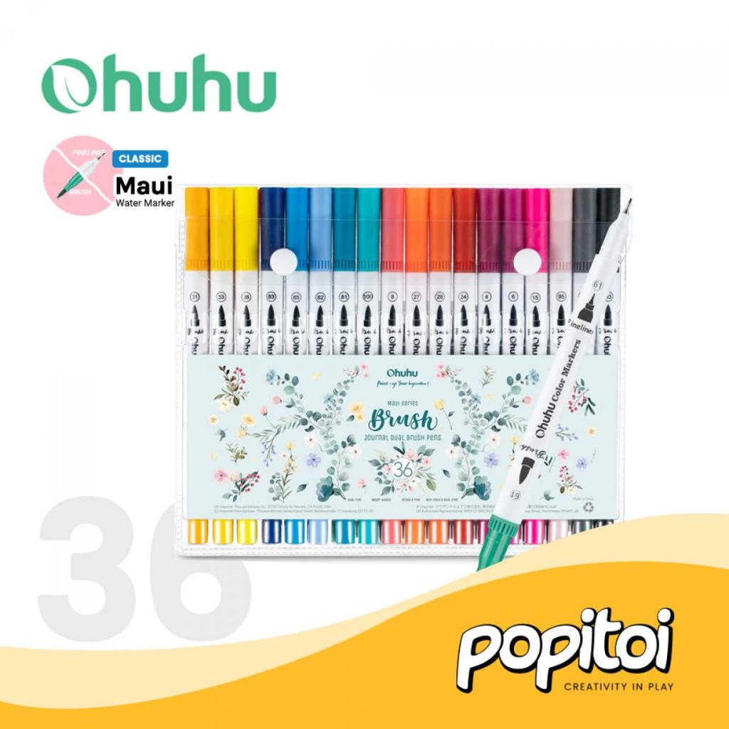 

OHUHU Maui 36 Colors Pens (Brush & Fineliner) Water Based Watercolor Marker