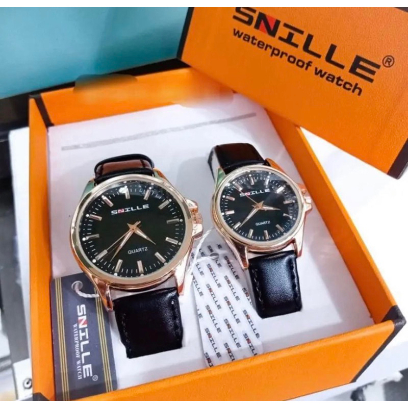 Terlaris Jam Tangan Couple / Pasangan Snille Tali Kulit Original Waterproof Tahan Air