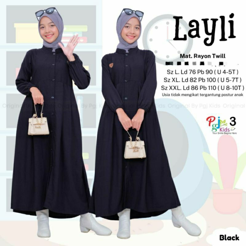 gamis anak remaja warna hitam polos bahan rayon twill laily by pgj