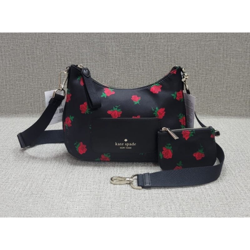 kate spade chelsea rose toss printed little belt nylon crossbody Black multi