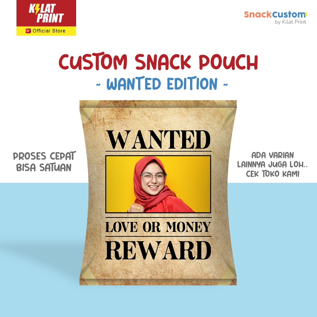 

Snack Custom Foto Teks Bungkus Pouch Jumbo Wanted Edition