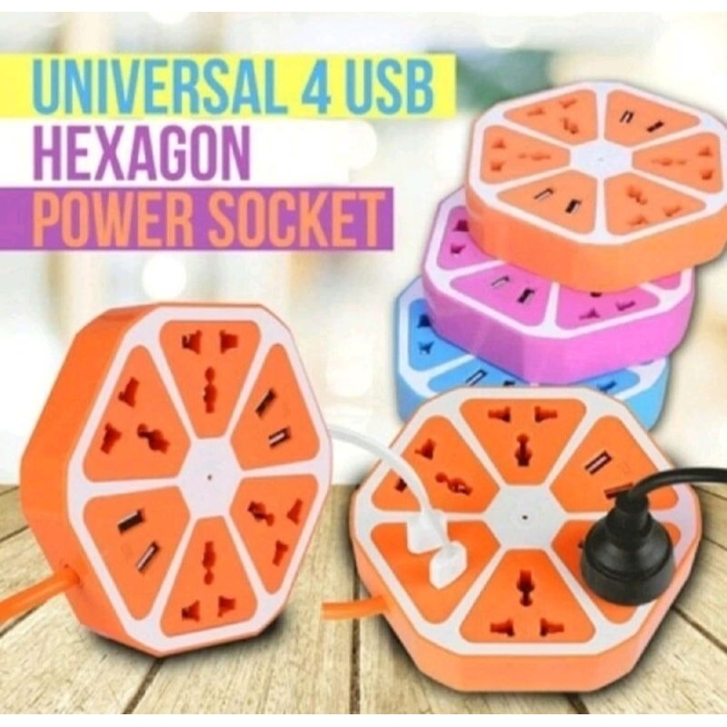 StopKontak USB Hexagon Socket 4 USB Colokan Listrik Smart Power Jeruk