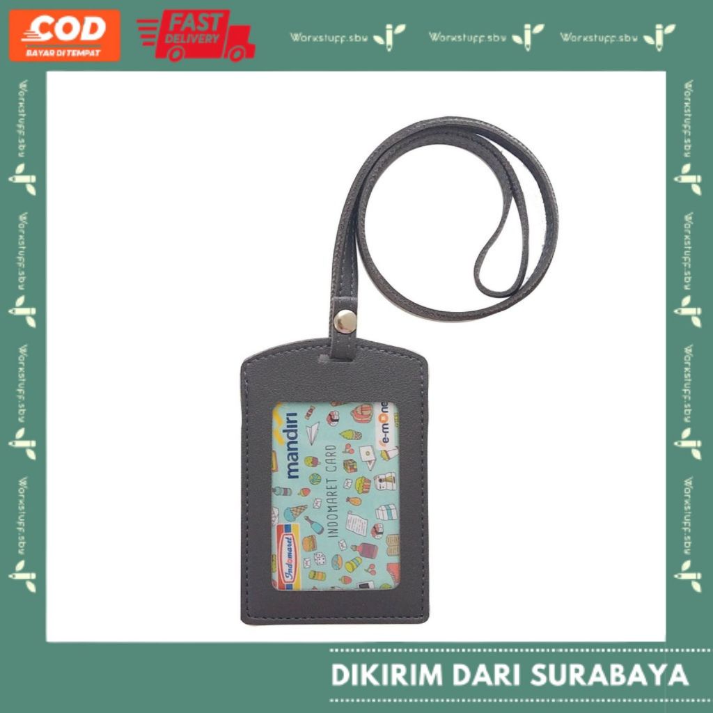 

ID Card Holder Abu Abu Kancing Lanyard PU Leather Termurah Name Tag Holder Name