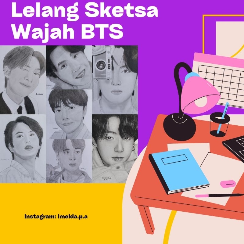 Sketsa Wajah BTS/Lukisan Wajah BTS/Lelang Lukisan Gambar BTS RM Jin Suga Jhope Jimin V Jungkook