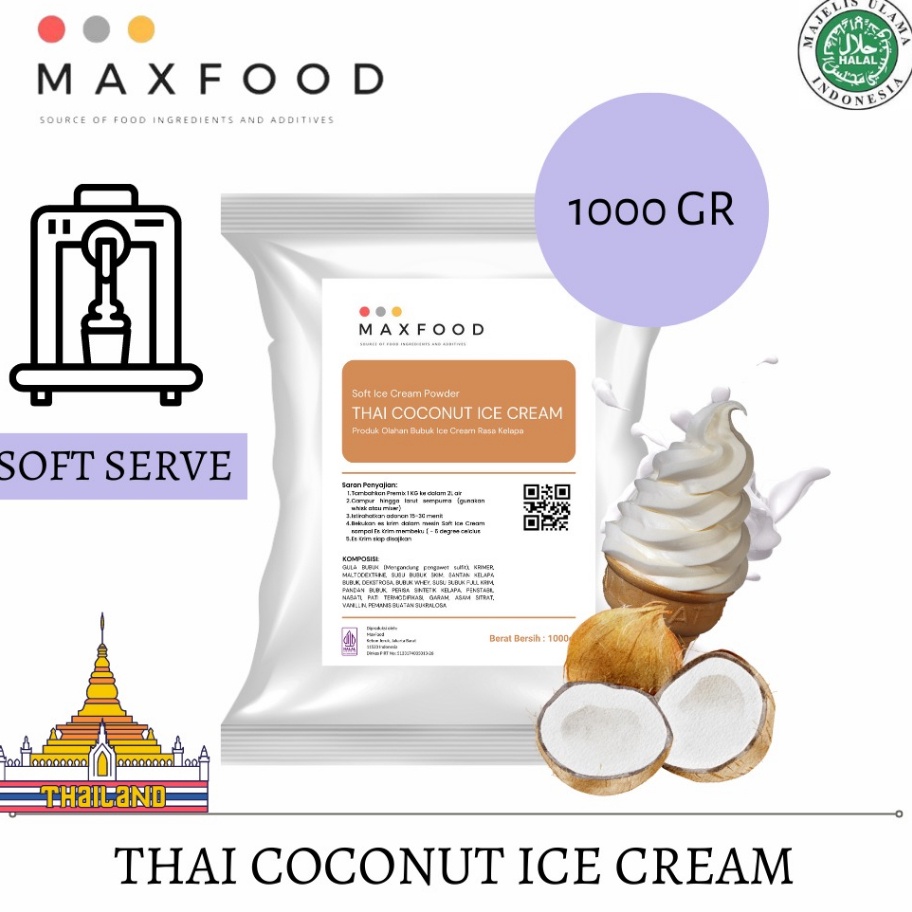 

KODE JVO416 MAXFOOD - Soft Thai Coconut Ice Cream Powder / Bubuk Soft Es Krim Rasa Kelapa 1 KG