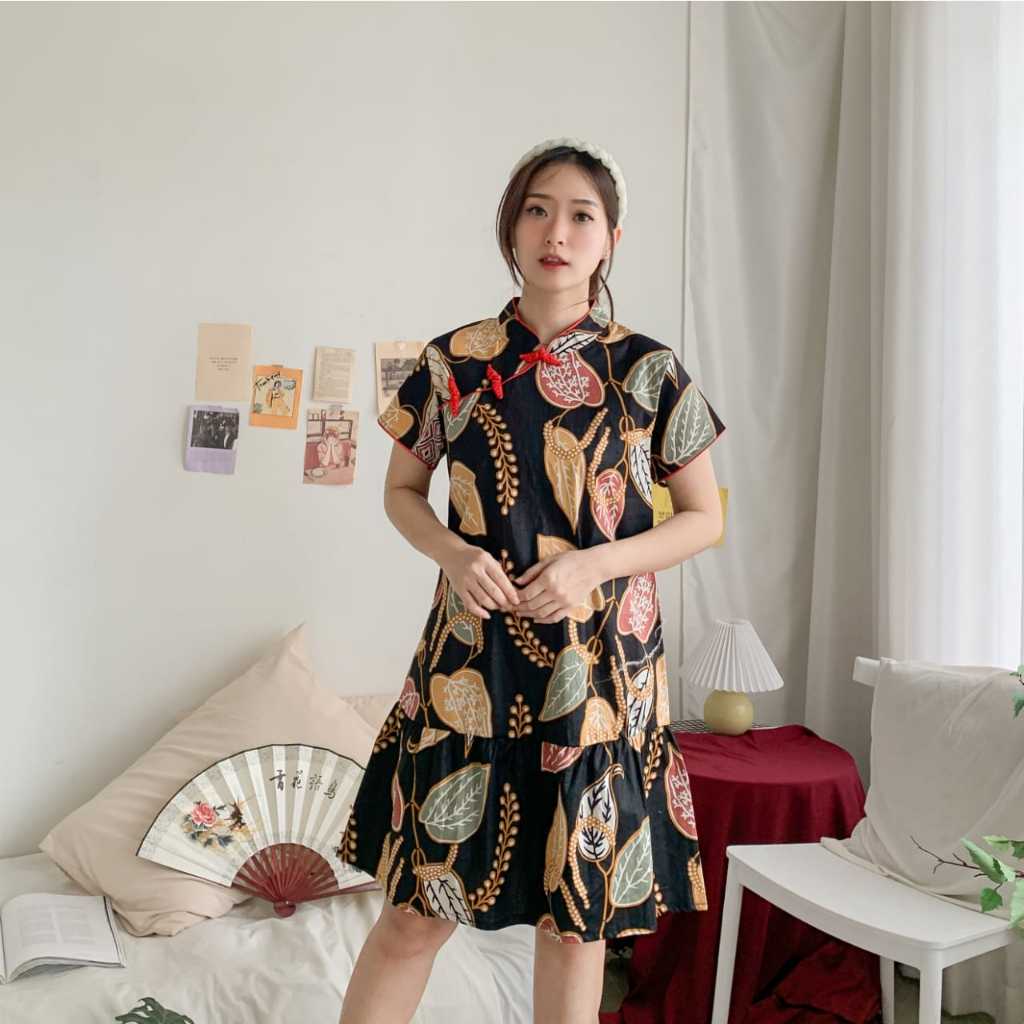 DRESS BATIK WANITA CHEONGSAM KATUN COTTON DAUN IMLEK MERAH COKLAT NAVY HITAM