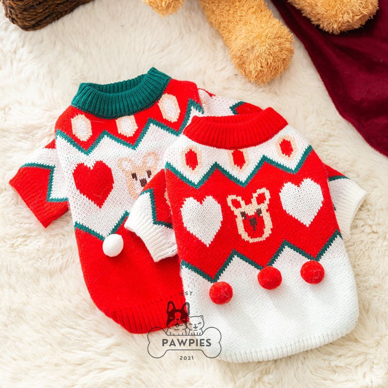 Baju Pakaian Atasan Anjing Kucing Hewan Festive Sweater Natal Rajut Pom Pom Dog Cat Pet Christmas Fl