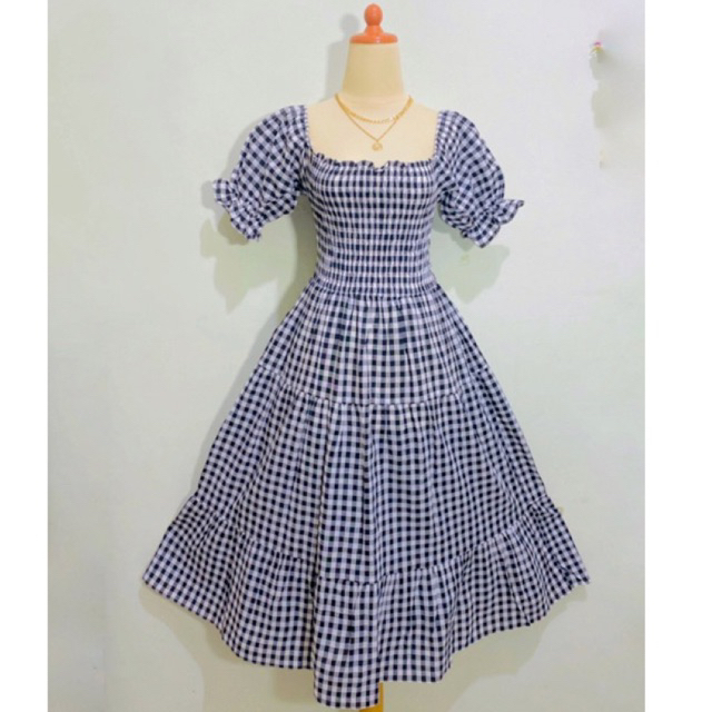 Long Dress vintage casual korean parisian look motif kotak kotak gingham checkered catur houndstooth