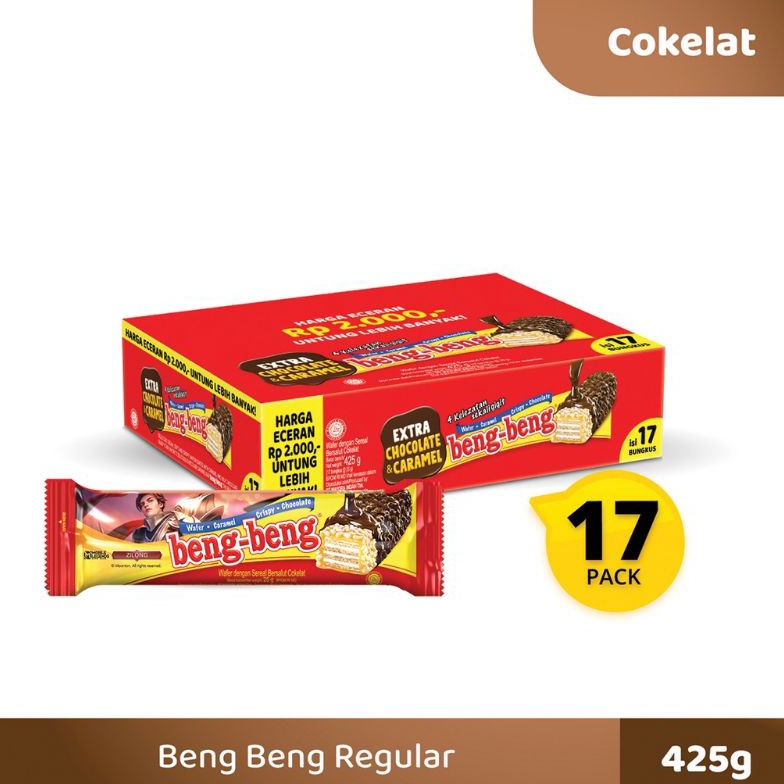 

AJCPJ Beng Beng BOX BengBeng Reguler Extra Chocolate & Caramel Crispy Wafer beng-beng Netto isi 17pcs X 25gr - 1 DUS 43