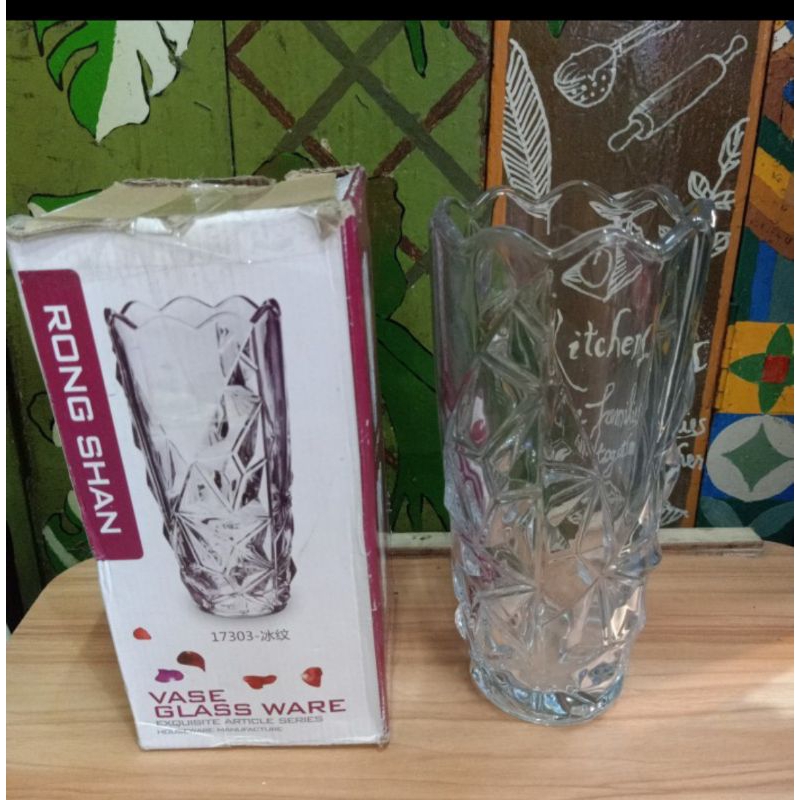 Vas bunga kristal bening kaca tebal diameter 13.3cm tinggi 29cm "RONG SHAN"