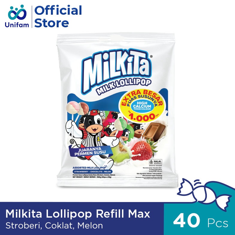 

V07693 Milkita Lollipop Max Refill Candy (1 Bag Isi 40pcs) - Permen Susu Lolipop Rasa Cokelat, Stroberi & Melon (CSM) 64