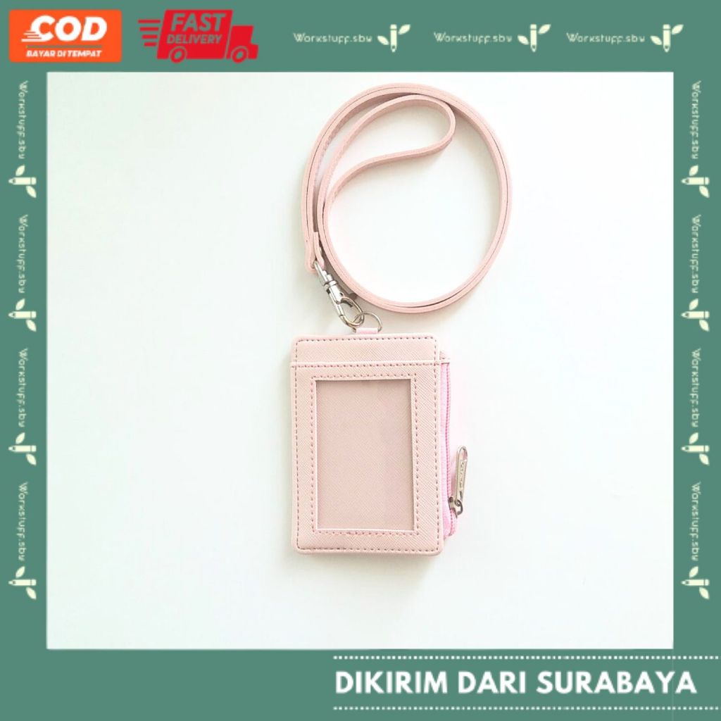 

Lanyard Zipper PU Leather Pink Resleting R1 Kulit ID Card Holder Name Tag