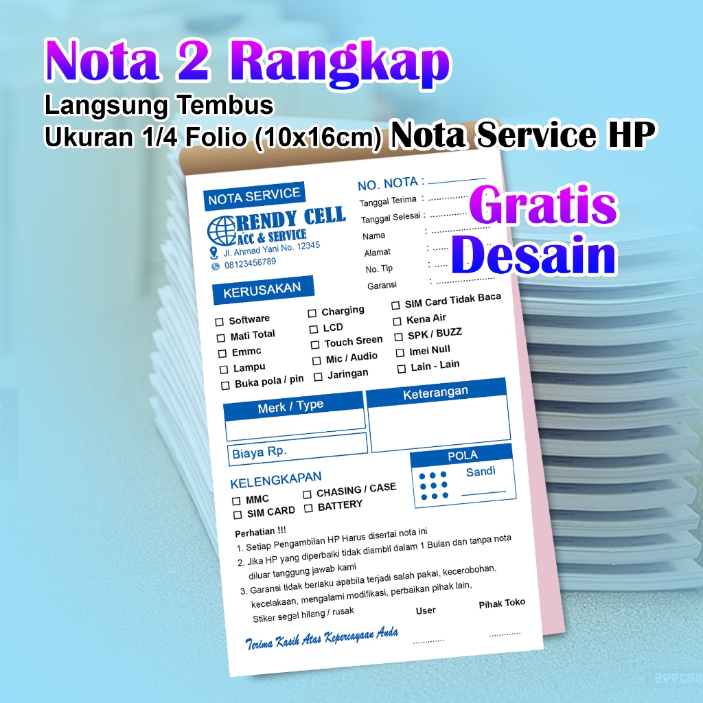 

Nota servis HP / Nota seluler / Nota Custom nama toko sendiri 2 rangkap nota 2 ply