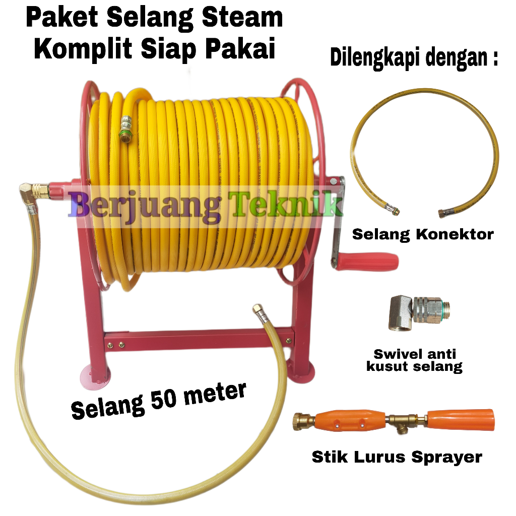 Paket selang steam, Selang Sprayer, selang air 50 meter komplit gulungan dan stik
