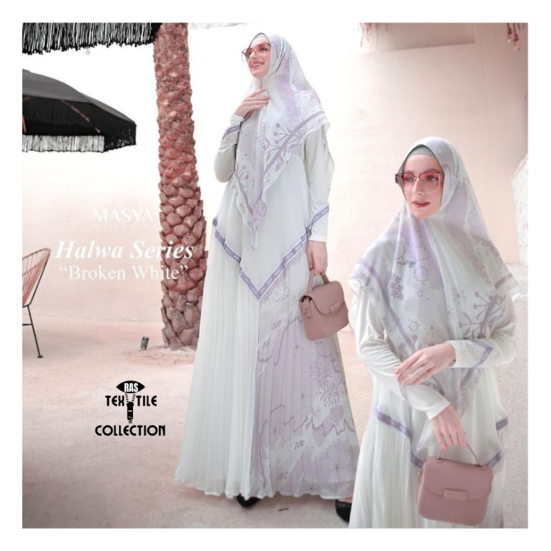 Set Gamis Dress Busui Friendly Ceruty Babydoll Premium Syari Branded Warna Putih Tulang - Broken Whi
