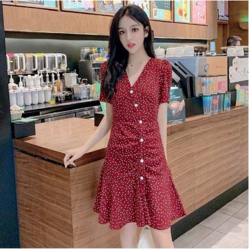Polkadot Dress with Asymmetrical Line in 3 Colors Merah Red Hitam Black Putih White - Dress Casual K