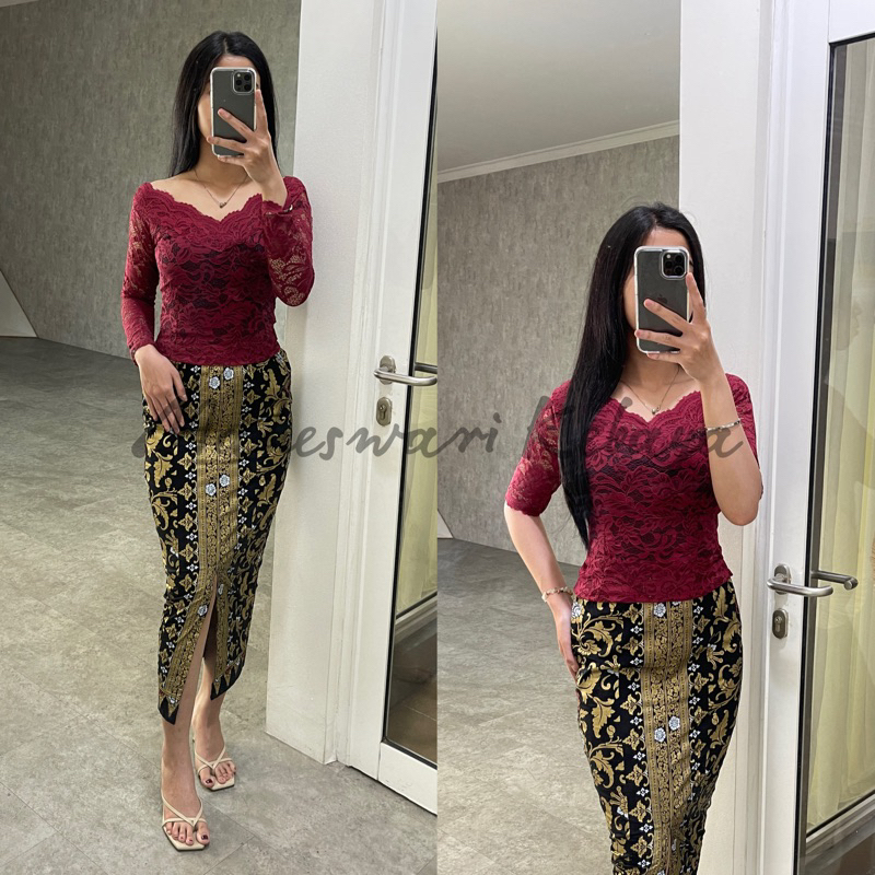 FLASH SALE KEBAYA BALI SET BRUKAT SABRINA MAROON V-NECK BROKAT