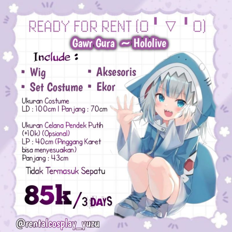 (RENTAL/SEWA) GAWR GURA COSTUME VTUBER GURA ANIME COSPLAY MURAH KOSTUM COSTUM ANIME COSPLAY VTUBER H