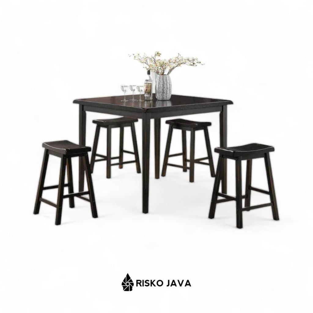 Set Meja Makan Bangku Kotak Kayu Jati / Set Meja Makan Natural Black / Meja makan Cafe Minimalis | E