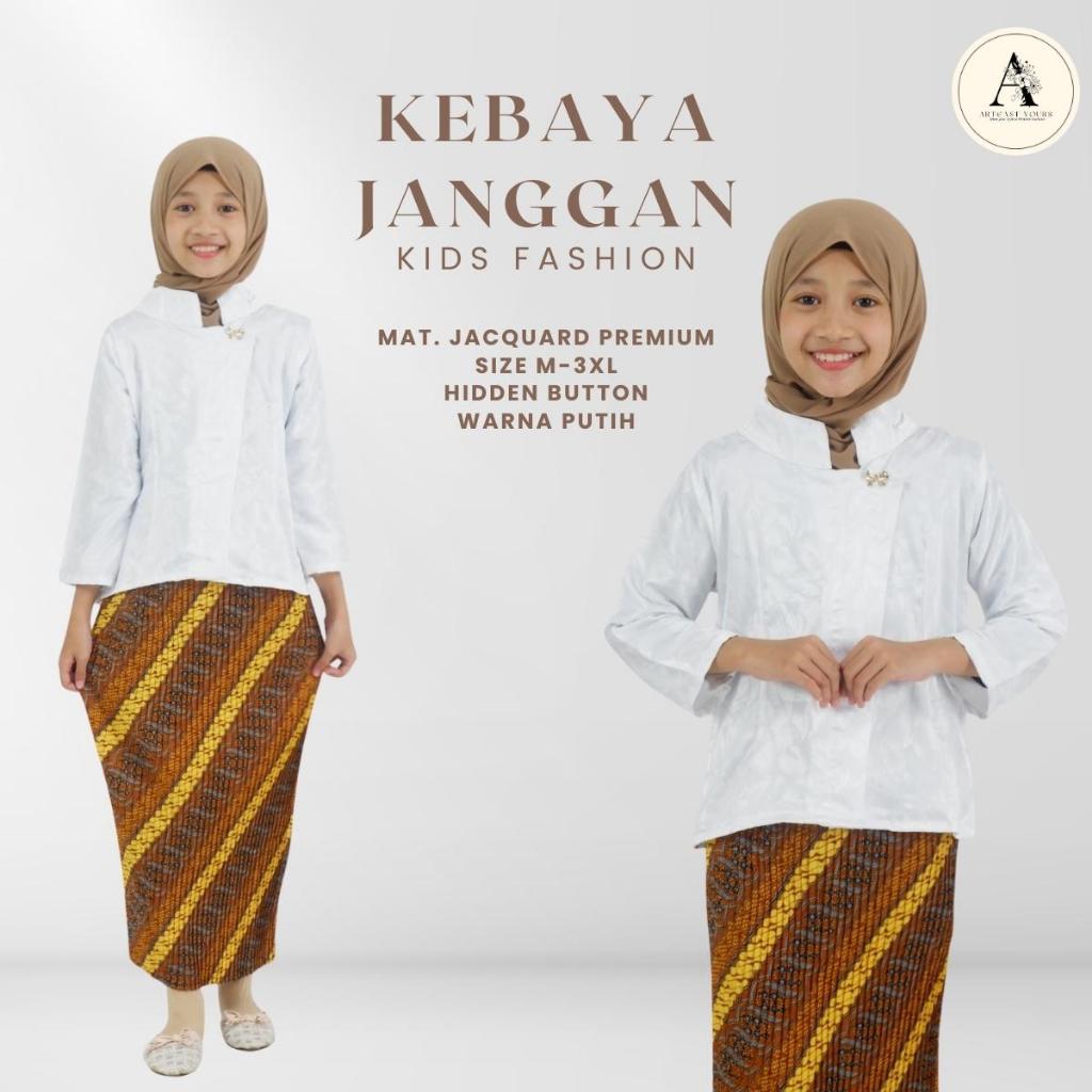 Kebaya Janggan Putih Anak Perempuan 6-13 Tahun Setelan Kebaya Anak Remaja Baju Adat Jawa Anak