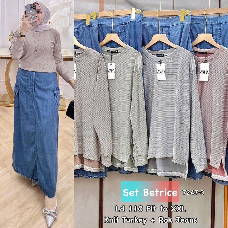 Set Betrice//One set Zara//Setelan rok//Baju setelan//One set rok//Setelan wanita//One set//Rok jean