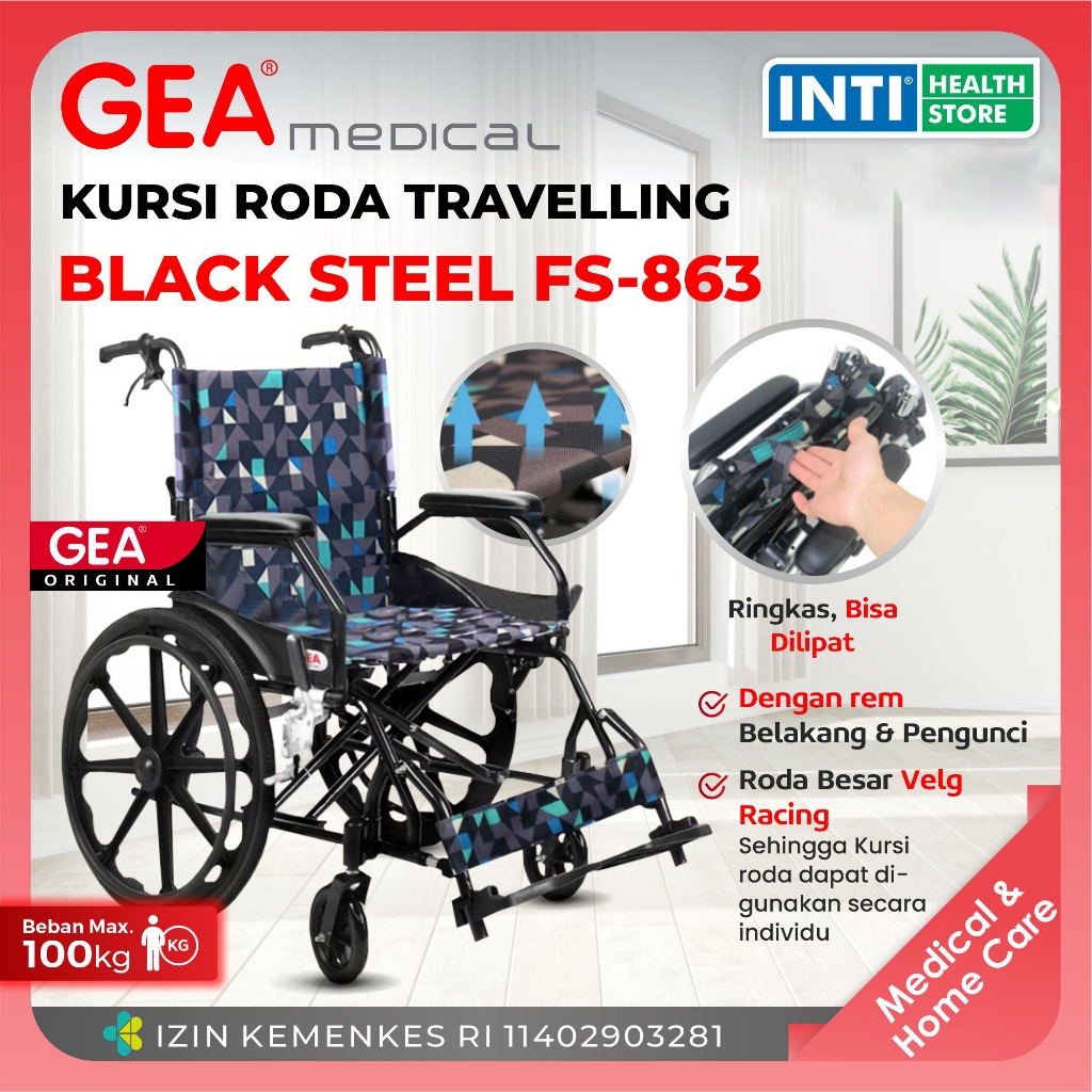 GEA Medical | Kursi Roda Portable FS 863 Black Steel | Kursi Roda Travelling | Kursi Roda Umroh