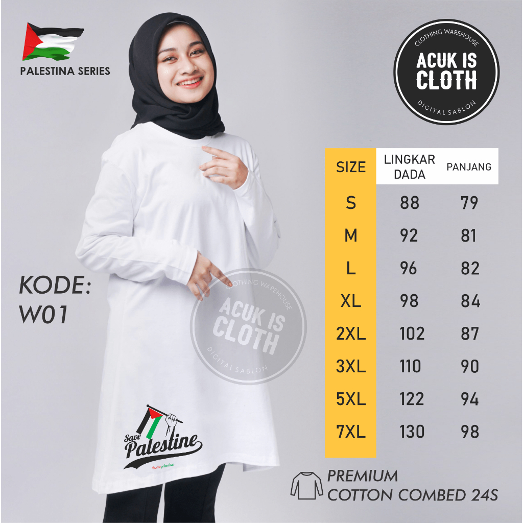 KAOS TUNIK PALESTINA PUTIH//KAOS DAKWAH WANITA MUSLIMAH