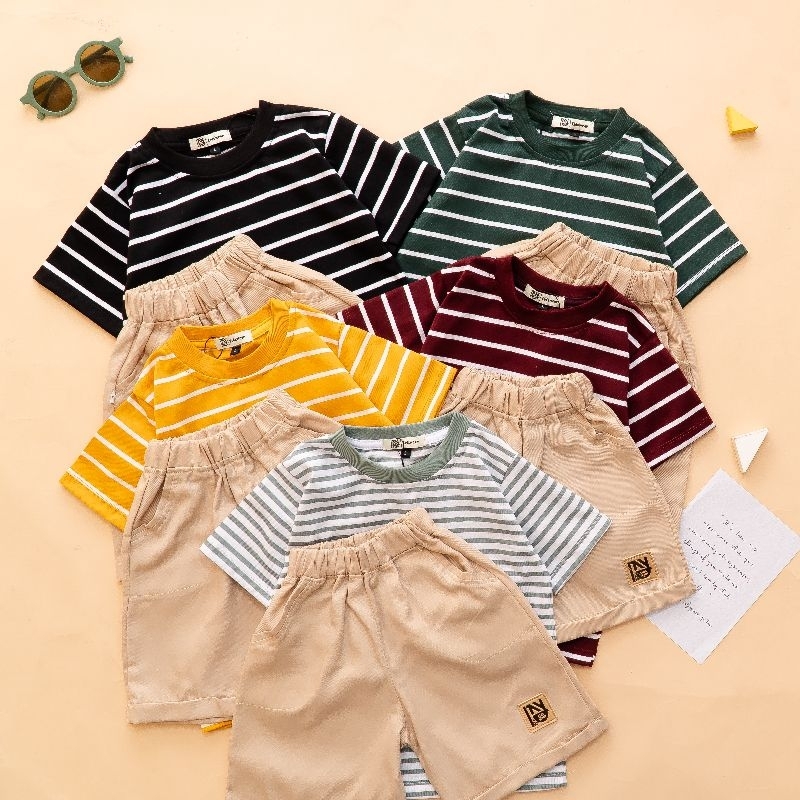 	 2-6 Tahun Setelan Anak Motif Salur Setelan Salur Anak Laki laki Kaos mix Drill	